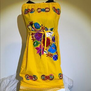 Yellow Embroidered Girls' Dress with Floral Accents
